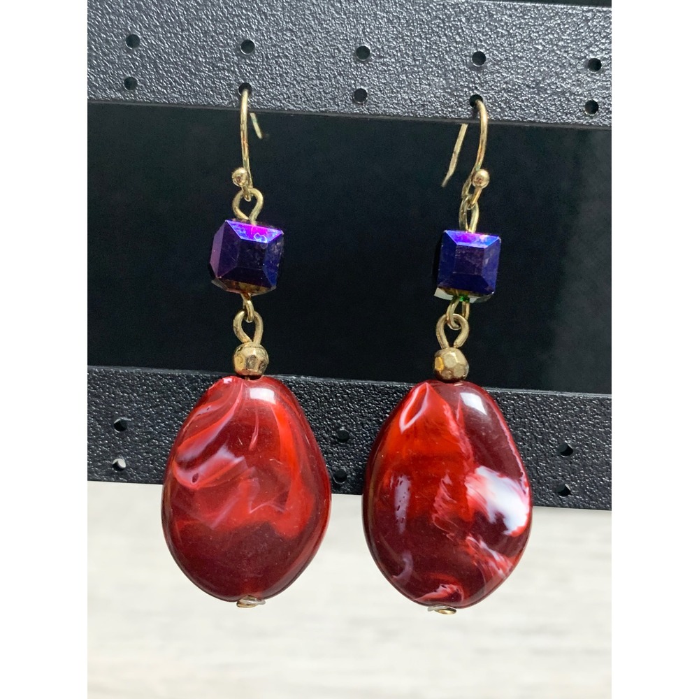 Red Marbled‎ Resin Teardrop Earrings Purple Iridescent Cube Bead Gold Tone Hooks